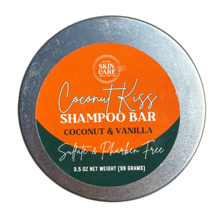 Coconut Kiss Shampoo Bar tin lid, coconut and vanilla scent, sulfate and paraben free