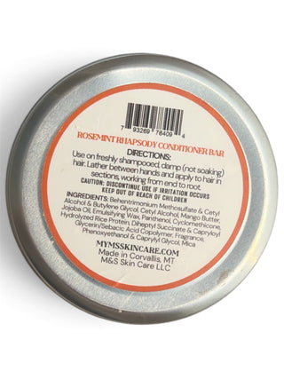 Back label of RoseMint Rhapsody Conditioner Bar tin showing directions, ingredients, and barcode